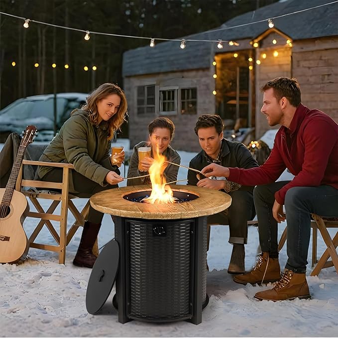 30 Inch Round Propane Fire Pit Table50000 BTU Iron Gas Fire Pit with LidIgnition Systemsw/Glass Stones and Rain CoverOutdoor Firepit Table for Patio &amp Deck