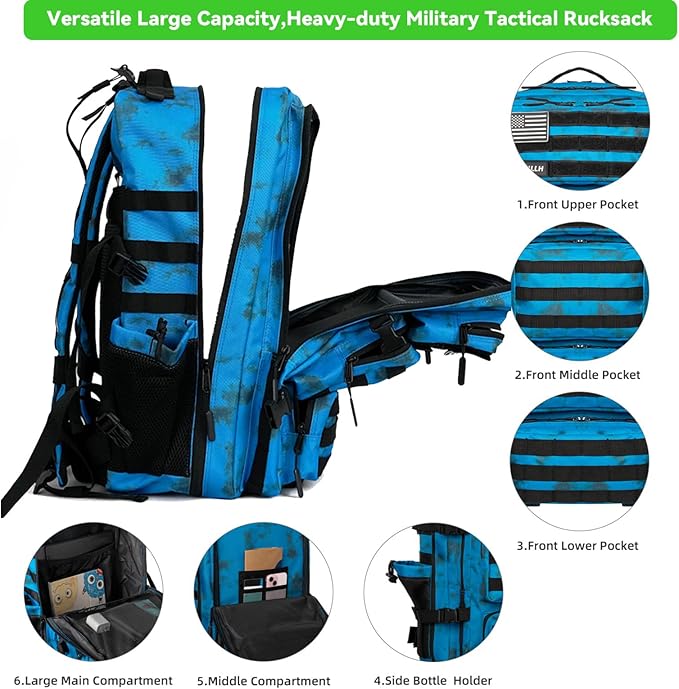 Military Tactical Backpack 55L for Men &amp Women Bug Out Bag Assault pack Molle Daypack Hiking Trekking Rucksack (Blue tie dye)