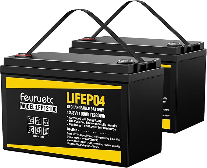 12V 100Ah LiFePO4 Battery - Small RV Battery with 100A BMS 15000+ Deep Cycles Solar Energy Storage Lithium Phosphate Batteries for Home Motor Travel Trailer Camping Off-Grid Power（ 2PC