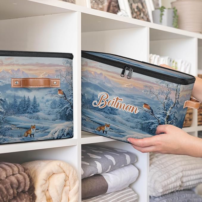 Storage-Bins with Lids Handle Customized Stackable-Storage-Bin for Kids-Boys-Girls-Toys Cube Collapsibl Basket Snowfield Fox
