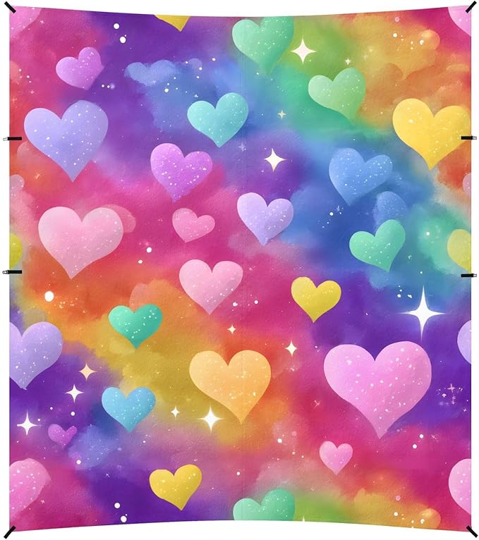ALAZA Rainbow Love Hearts Stars Beach Tent Sun Shelter UPF50+ Protection Beach Shade Canopy w/ 4 Sandbags for Outdoor Camping Fishing Backyard Fun Picnic 10x9 ft