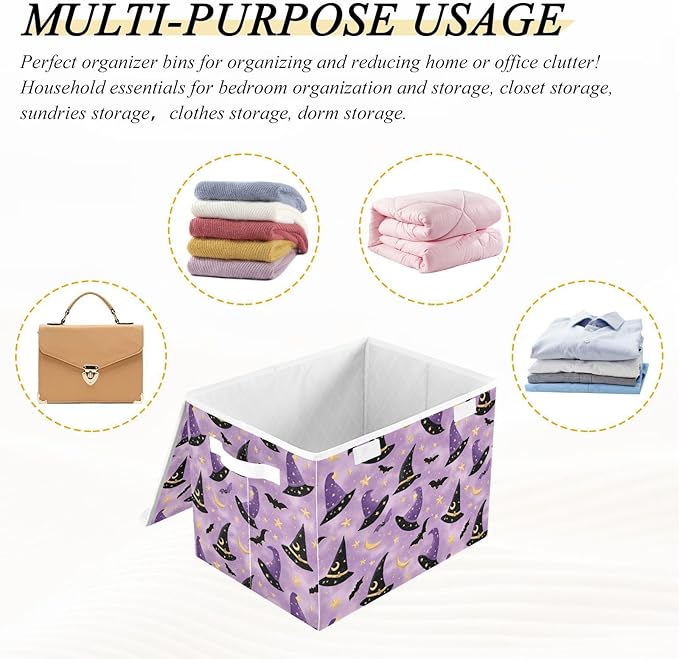 Halloween Purple Wizard Hats Bats Stars Storage Box with Lid 1 PC Foldable Storage Bin with Lids Stackable Storage Bins Cube Closet Organizer Basket with Flip-Top Lid &amp Handles for Shoes Books Tow