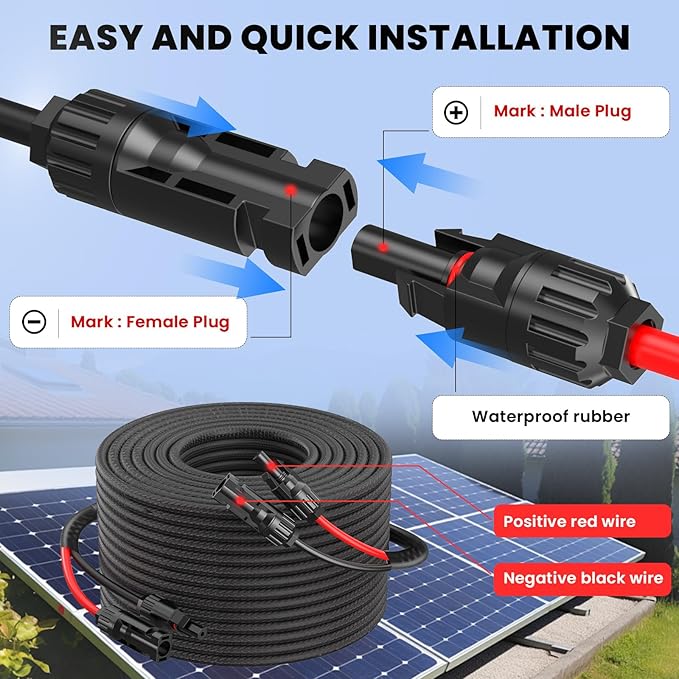 Twin Wire 20FT 10AWG Solar Extension Cable with Protection Cover Solar Cable Extension Kit Solar Panel Connectors IP68-Female and Male Connector Solar Panel Cables for Home Boat RV Solar Panels