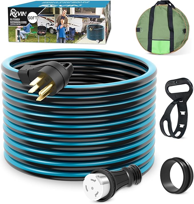 50 Amp 50 Feet RV Extension Cord 14-50P to SS2-50R Heavy Duty STW Generator Extension Cord for RV Camper and Generator to House with Locking Connector ETL Listed (Black&ampBlue)