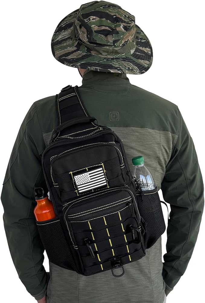 Rover Sling Pack Tactical Shoulder Sling Bag Backpack with Bottle Holder Crossbody Chest Bag Black with Yellow