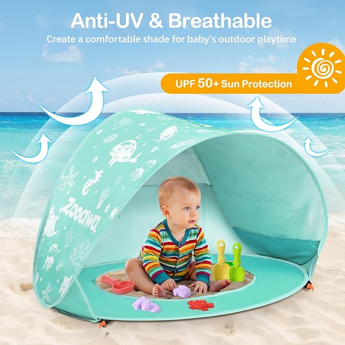 Zooawa Baby Beach Tent Pop Up Beach Tent Sun Shade for Beach Portable Shade Pool UV Protection Sun Shelter for Infant with Beach Sand Toys Set