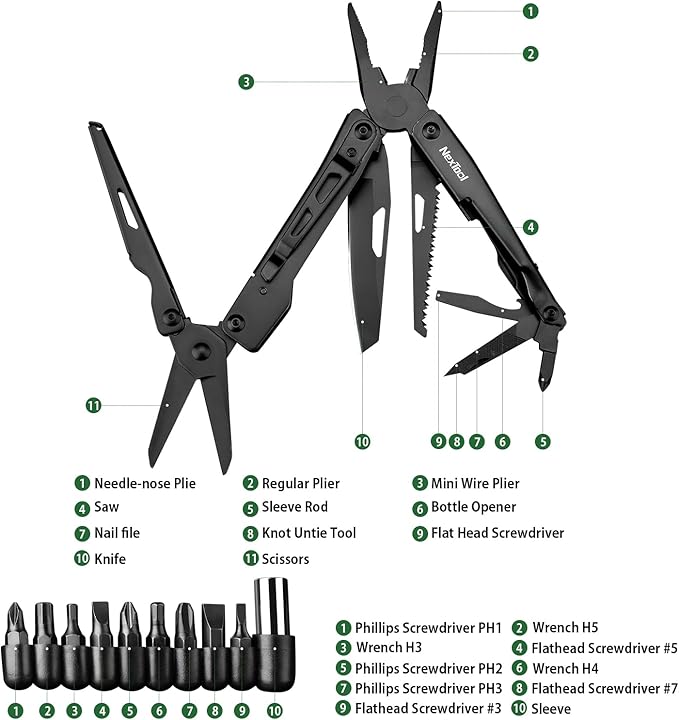 NexTool Multitool 11 in 1 Multi Tool with Needle Nose Pliers Scissors and Screwdriver Bits Stainless Steel Multi Tool Pocket Knife with Safety Locking for CampingFishingHiking Mens Gifts Unique
