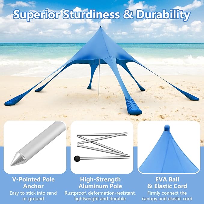 Tangkula Beach Canopy Tent UPF50+ Beach Sun Shade with Sand Shovel 6 Ground Pegs 6 Sandbags Supporting Pole Carry Bag Pop Up Beach Sun Shelter for Camping Fishing Trip