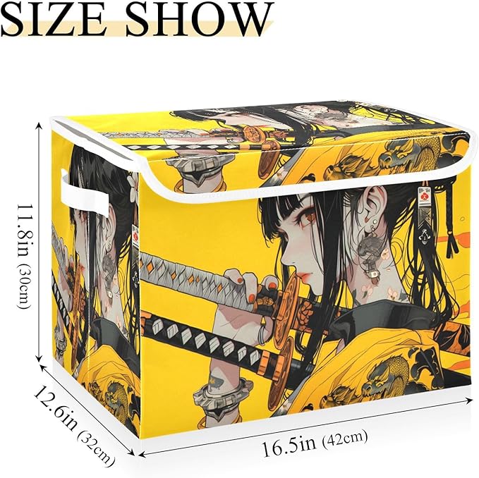 Storage Cube with Lid Samurai Anime Yellow Print 16.5×12.6×11.8 IN Collapsible Large Capacity Foldable Storage Basket Bin Organizer