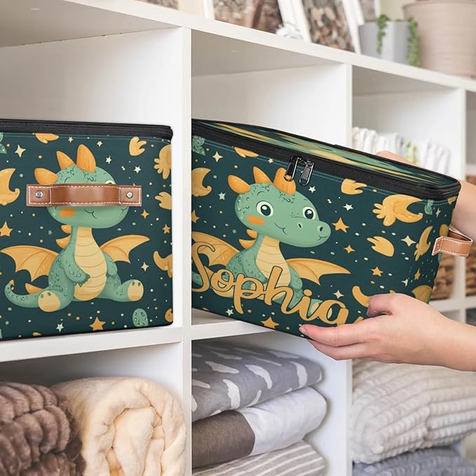 Custom Storage Basket with Name Personalized Storage Bins with Zipper Lid Foldable Fabric Storage Box Large capacity with Handle Dinosaur Star