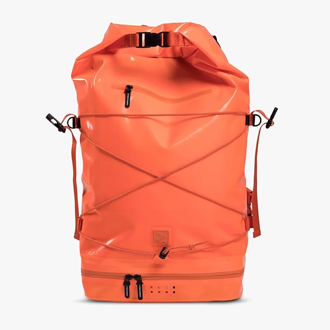 Spin Bag Durable Travel Waterproof Backpack for Men and Women Carry On Bag for Sports Work and Travel with Laptop Sleeve Shoe Compartment and Tactical Features 30 Liter Orange