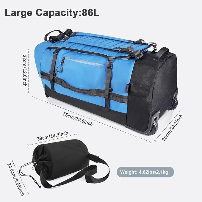 Rolling Duffle Bag with Wheels86L 30”Carry on Luggage with WheelsFolding Travel BagDuffle Backpack with Separate Shoe Compartment (blue)