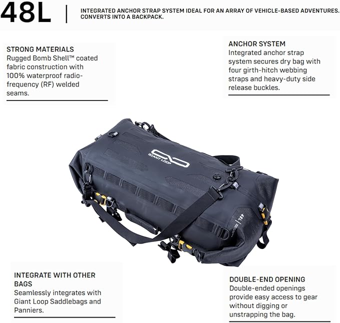 Giant Loop Tillamook Dry Bag Waterproof Motorbike Luggage Ideal for Fly and Ride Trips 48-Liters Storage Fits Any Large Motorcycle UTVs ATVs &amp Overlander (Black)