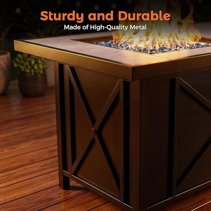BALI OUTDOORS 42 inch 50000 BTU Rectangular Propane Gas Fire Pit Table with Fire Glass and Table Lid Fire Pits Outdoor for Garden Patio Backyard