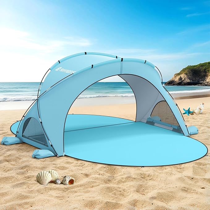 Raynesys Beach Tent Sun Shelter Beach Shade Tent with UPF50+ UV Protection Sun Shelter for 1-6 Person Beaches Shade with 2 Zippered Doors Portable Tents for Camping Fishing Light Blue