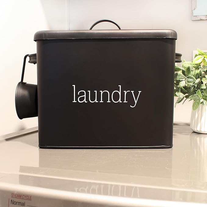 AuldHome Design Enamelware Laundry Powder Container (Black) Enamelware Detergent Bin w/ Scoop