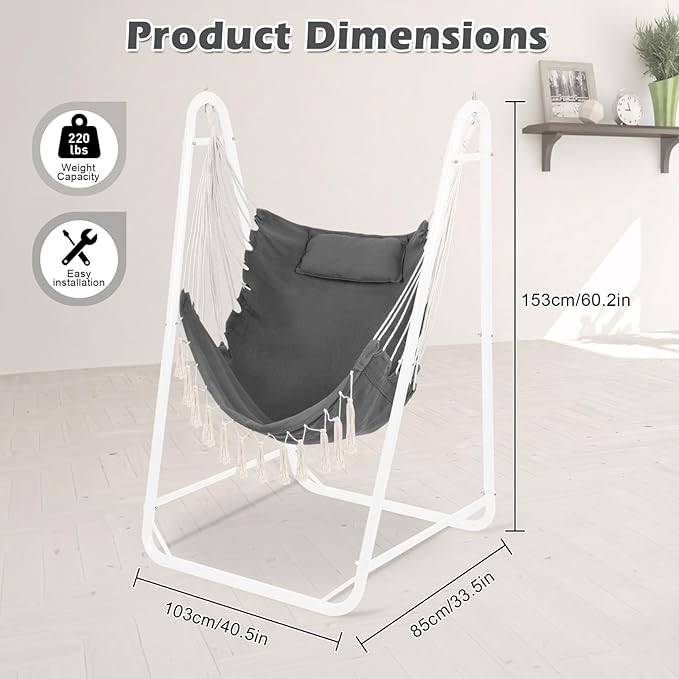 U-Shaped Hammock Chair with Stand Indoor &amp Outdoor Heavy-Duty Metal Frame Hammock Swing Stand Chair with Side Pockets for Brackyard Patio Porch (Dark Gray)