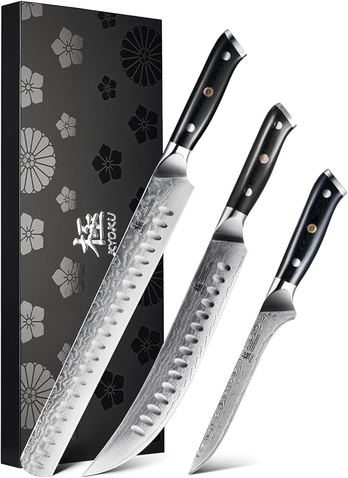 KYOKU Knife Set Shogun Gin Series 3pc Japanese Style Kitchen Knife Set for Cooking 7 Boning 12 Slicing 10 Scimitar Knife with Silver Ion Blade Sheath Gift Box Damascus Stainless Steel Knives
