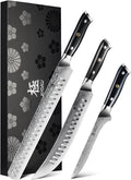 KYOKU Knife Set Shogun Gin Series 3pc Japanese Style Kitchen Knife Set for Cooking 7 Boning 12 Slicing 10 Scimitar Knife with Silver Ion Blade Sheath Gift Box Damascus Stainless Steel Knives