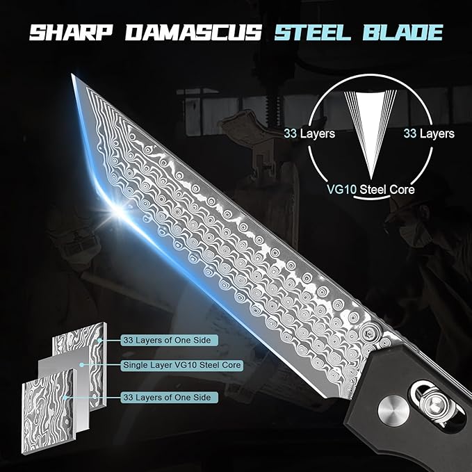 AUBEY Damascus Axis Lock Pocket Knife 3.46 Tanto Blade Crossbar Lock Folding Knives with Clip for Men Women Aluminum Handle with Glass Breaker for EDC Camping Gift