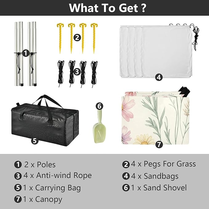 xigua Wildflowers Beach Tent Sun Shelter with Carrying Bag - Silver Coated Oxford Fabric Beach Canopy for Beach Camping Fishing - Includes Windproof Ropes Sandbags &amp Stakes