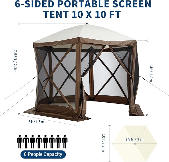 10x10FT Portable Gazebo Tent with Mosquito Netting - Instant Setup Canopy Shelter 6 Sidewalls &amp Carry Bag Stakes for Camping Backyard Lawn Events