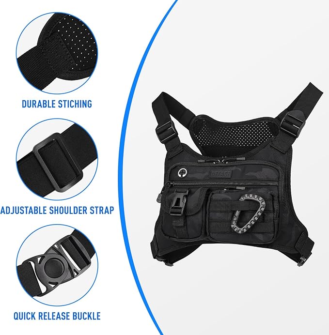 DEYACE Chest Bag For Men Tactical Inspired Sports Utility Chest Pack EDC Pouch Bag With Built-In Phone Holder for Workouts Running Cycling Black