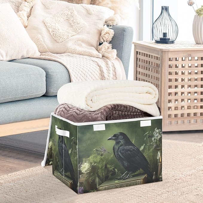 Storage Cube with Lid Collapsible Raven Book Flower Print Large Capacity Foldable Storage Basket Bin Organizer 16.5×12.6×11.8 IN