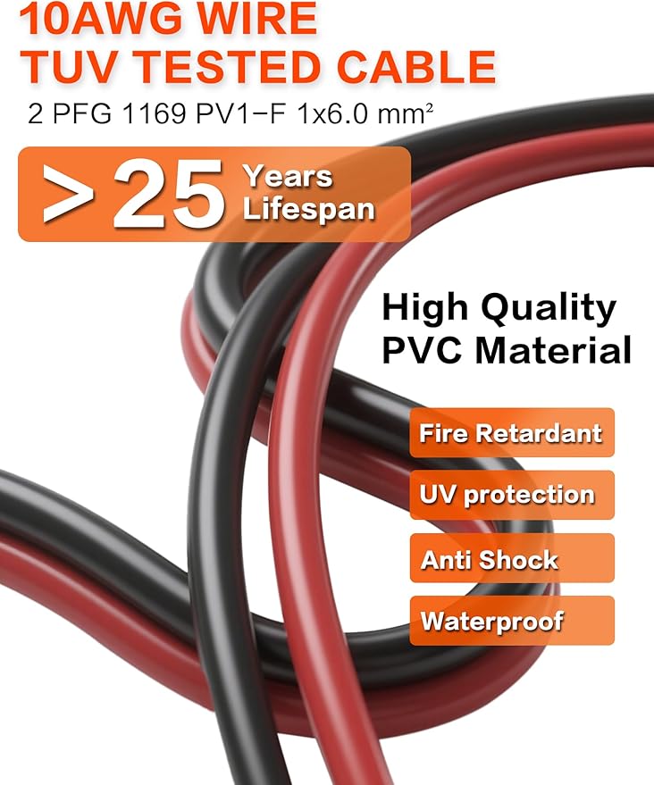 20Feet 10AWG Solar Extension Cable with Female &amp Male Connectors 6mm Solar Panel Weatherproof Wires for Solar Panels RV Marine Camper Ferry Black &amp Red PV Tinned Copper Extension Cord Kit