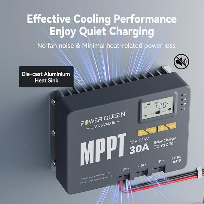 Power Queen 30 Amp MPPT 12V/24V Solar Charge Controller with Built-in BluetoothSupport Remote MonitoringDefault for LiFePO4 Batteries and Compatible with Sealed Flooded Gel and Lead-Acid Battery