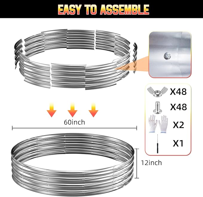 60 Inch Fire Pit Ring 5FT Galvanized Steel 12 Raised Heavy Duty Wood Burning Fire Pits&ampOutdoor Fireplace Heat Resistant Campfire Ring with Spark Guard for Outdoor Backyard Patio &amp Camping