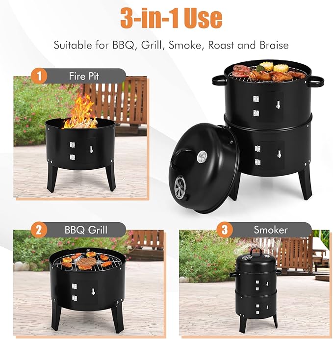 HAPPYGRILL 3-in-1 Charcoal Smoker Grill Outdoor Vertical Charcoal Smoker with Built-in Thermometer &amp Adjustable Vent System 2-Layer Separable BBQ Grills for Camping &amp Family Cooking