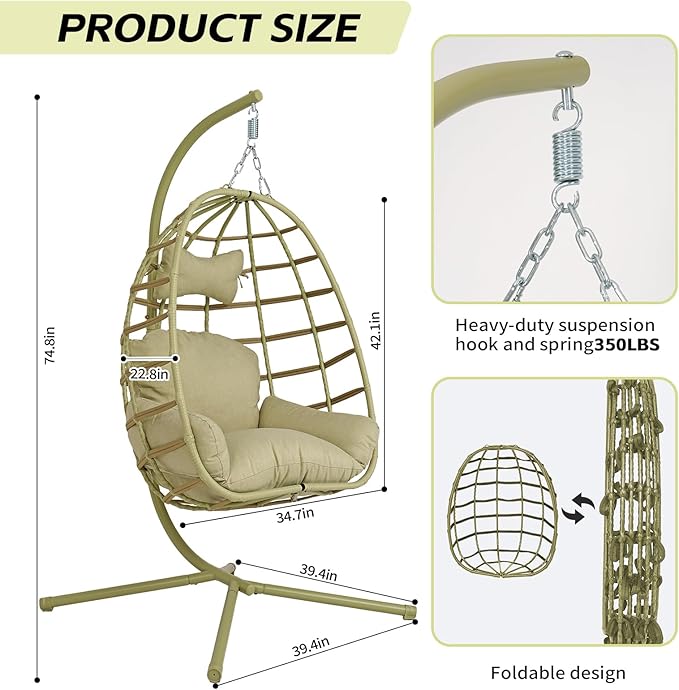 Hanging Egg Chair with Stand Outdoor Indoor Patio Rattan Swing Hammock Chairs with Washable Cushion 350lbs Capacity PE Wicker Swing Chair for Backyard Bedroom Garden (Cyan + Cyan Cushion)