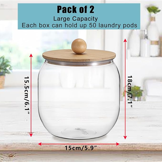 2-Pack Clear Plastic Laundry Pod Containers with Bamboo Lids &amp Seal Rings – Airtight Detergent Storage Organizer for Laundry Room/Kitchen/Bathroom Cylindrical Dishwasher Pods Container