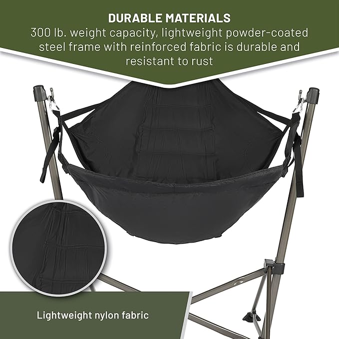 Timber Ridge Portable Hammock Camping Chair Padded Folding Swing Hammock Chair with Stand Heavy Duty Hammock Camp Chair with Carry Bag for Outdoor Beach Patio Supports 300lbs Black