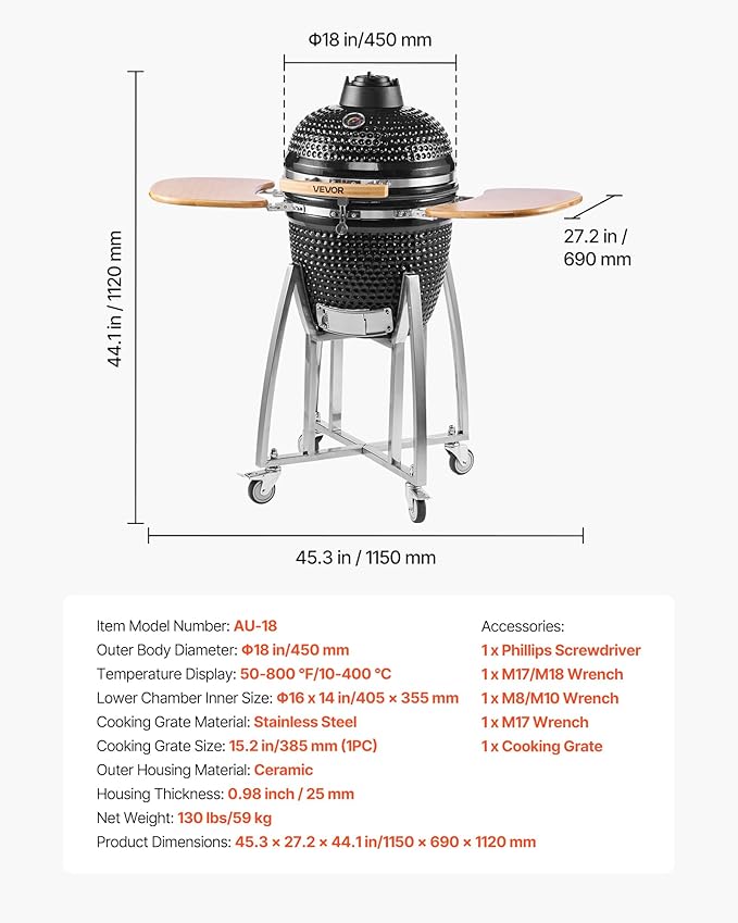 VEVOR Charcoal Smoker and Grill 18 Kamado Charcoal BBQ Smoker Movable Ceramic Barbecue Grill with 4 Wheels (2 Lockable) Built-in Thermometer Air Vents &amp Side Shelf for Outdoor Patio Yard Cook