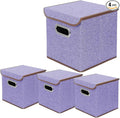 Storage Bin [Set of 4] Linen Fabric Foldable Container with Lid Collapsible Organizer Boxes Cubes – 10 x 10 x 10 Inches (Purple)