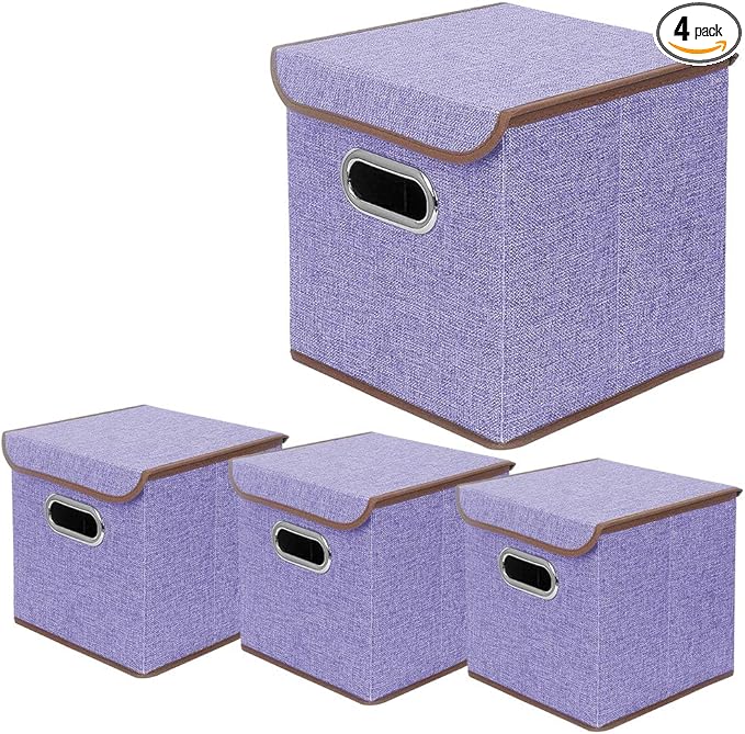 Storage Bin [Set of 4] Linen Fabric Foldable Container with Lid Collapsible Organizer Boxes Cubes – 10 x 10 x 10 Inches (Purple)