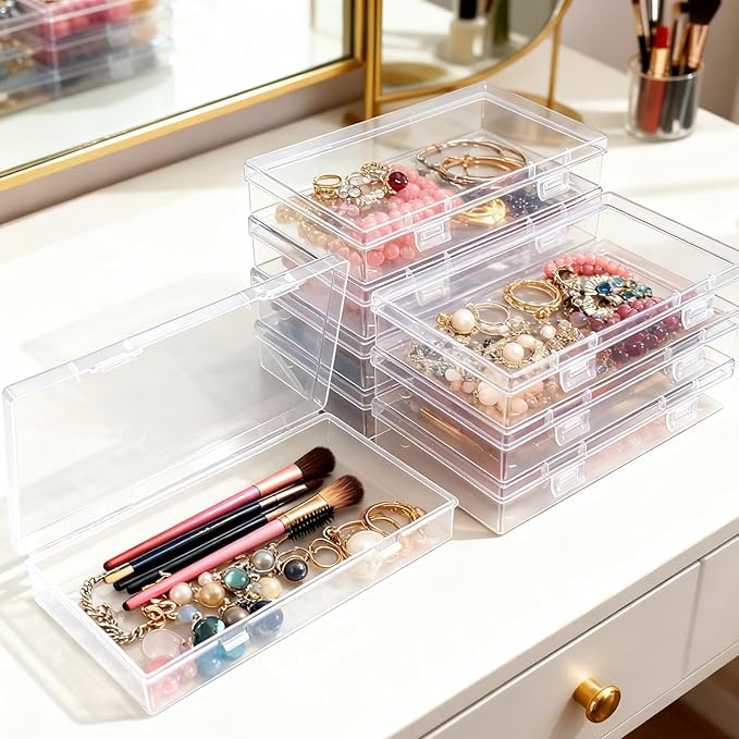 8 Pack Rectangular Clear Plastic Storage Containers Box with Hinged Lid for Beads and Other Small Craft Items (6.5 x 3.74 x 1.18 inch)