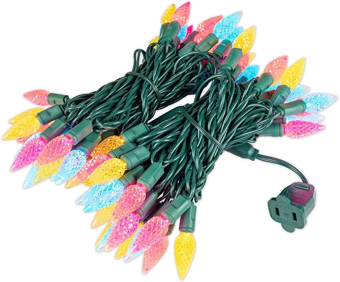 70 Light 24Ft Spring Easter Lights Commercial String Lights C6 LED Strawberry Faceted Bulb – Yellow/Teal/Pink Green Wire Indoor/Outdoor Full Wave No Flicker Connect 43 Sets
