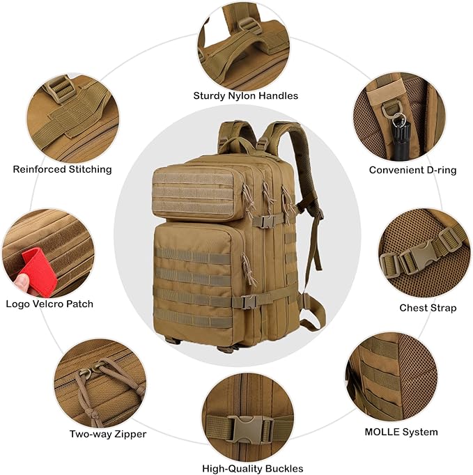 56L Tactical Backpack Military Molle Backpack Army 3 Day Waterproof Durable Hiking Rucksack for Men 24H Outdoor Survival Bug Out Bag for Camping Travel Hunting Khaki