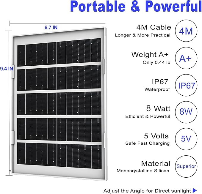 8W Solar Panel Charger for Outdoor Security Cameras with Micro USB/USB-C and DC (35 x 135) Port Fits Ring/Eufy/Wyze/Bird Feeder Camera 13ft Cable Fast Charging (2 Pack)
