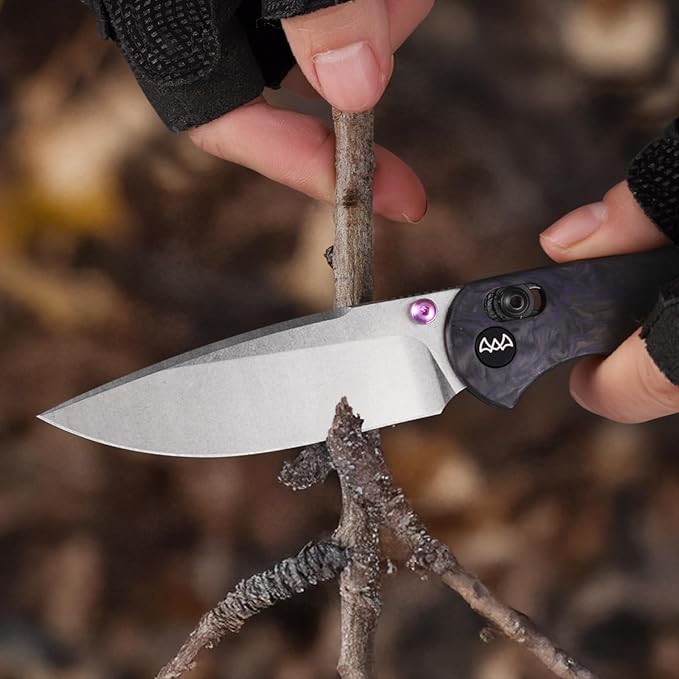 Folding Pocket Knife with Reversible Clip 3.23 14C28N Blade EDC Knife with Carbon Fiber Handle and Crossbar Lock Sharp Camping Hiking Hunting Survival Knives for Men (Purple)