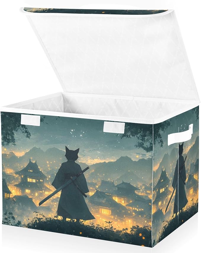 AIXIWAWA Lidded Storage Cube (Samurai Cat) Fabric Foldable Closet Bins with Flip Lid and Handles Organizer Basket Container 16.5 x 12.6 x 11.8 IN
