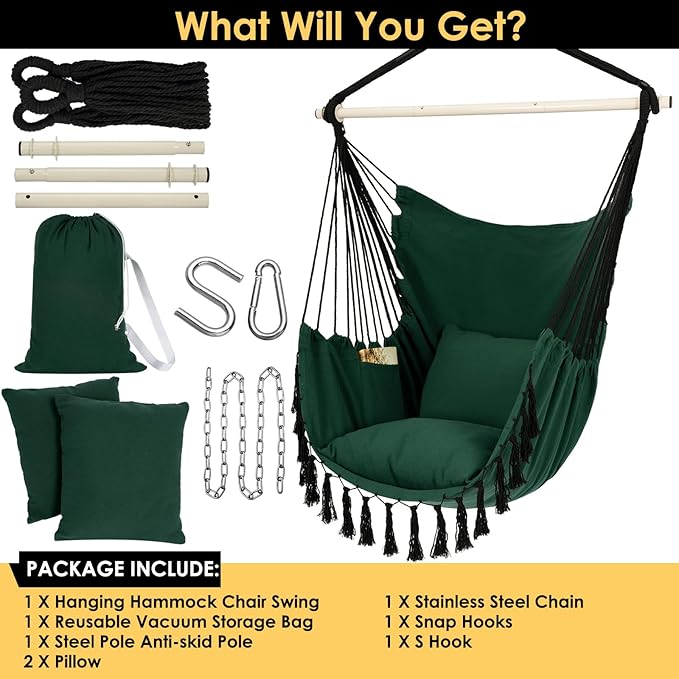 Y- STOP Hammock Chair Hanging Rope Swing Max 500 Lbs 2 Cushions Included Large Macrame Hanging Chair with Pocket for Superior Comfort with Hardware Kit Green