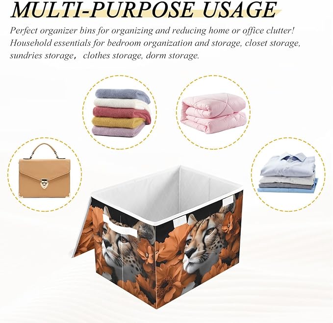 AIXIWAWA Lidded Storage Cube (Cheetah Flower) Fabric Foldable Closet Bins with Flip Lid and Handles Organizer Basket Container 16.5 x 12.6 x 11.8 IN