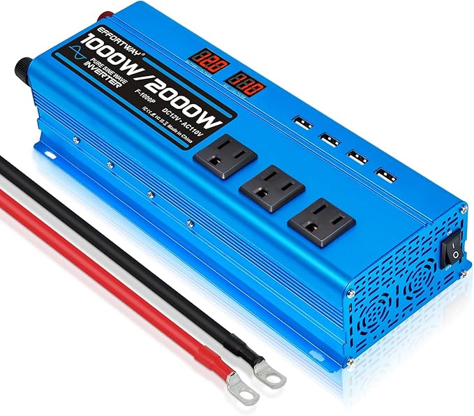 1000W Pure Sine Wave Inverter DC 12V to AC 110V/120V Converter 2000w (Peak) Car Power Converter with 3 AC Outlets 4USB PortPower Inverter for Car Truck Home Vehicles Laptop