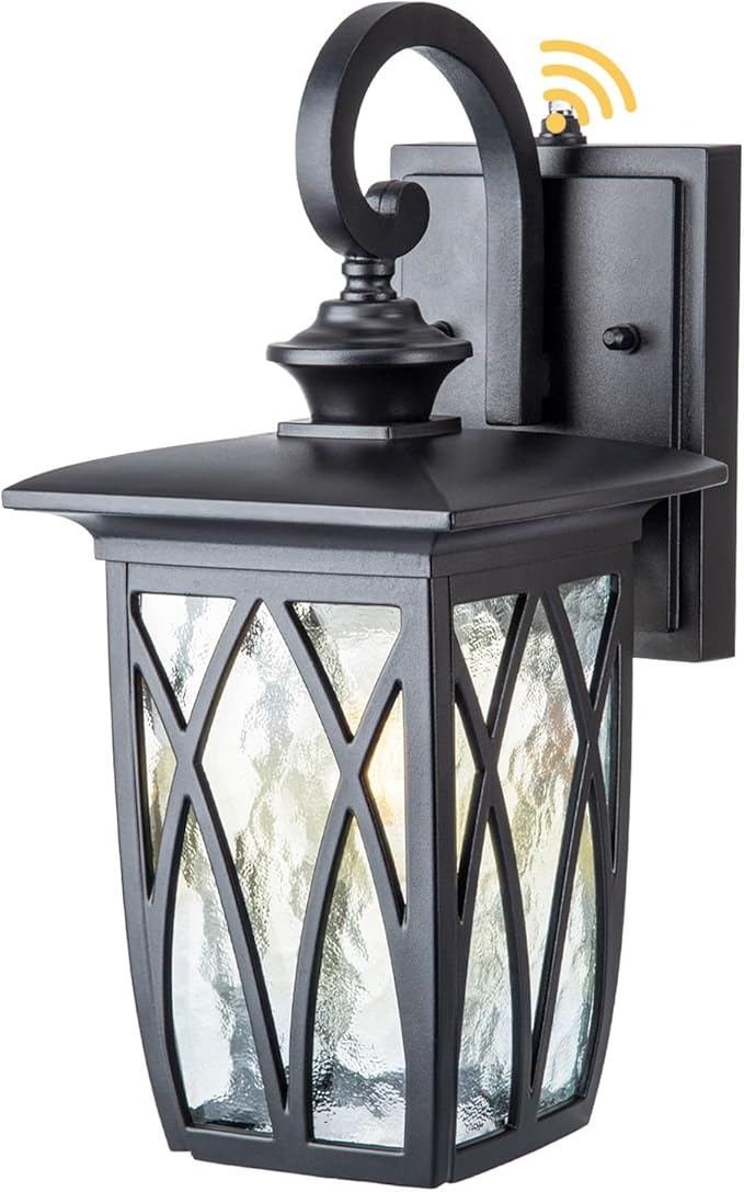 JYZ Dusk to Dawn Outdoor Wall Lantern Craftsman Style Exterior Sconce Light with Water Ripple Glass Traditional Porch Light Fixture Wall Mount Lamp for Front Porch Doorway Garage Patio Garden 14''