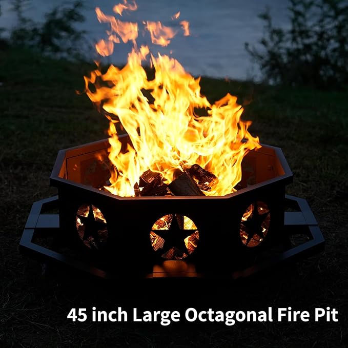45 inch Large Fire Pit Outdoor Fire Pit with Heavy Duty Construction Wood Burning Fire Pits for Outside Octagonal Firepit for Camping Backyard Patio Black