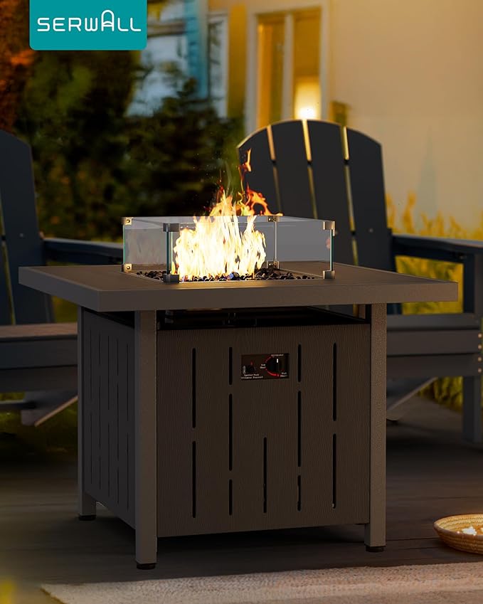 SERWALL 33 Outdoor Fire Pit Table 50000 BTU Square Propane Fire Pit Table with Lid Glass Rock &amp Glass Wind Guard HDPE Outdoor Furniture for Patio Garden Backyard Black